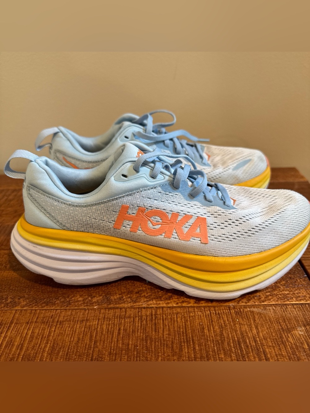 Hoka Bondi 8 Powder Blue and Yellow Women's Running Sneakers Size 7.5B